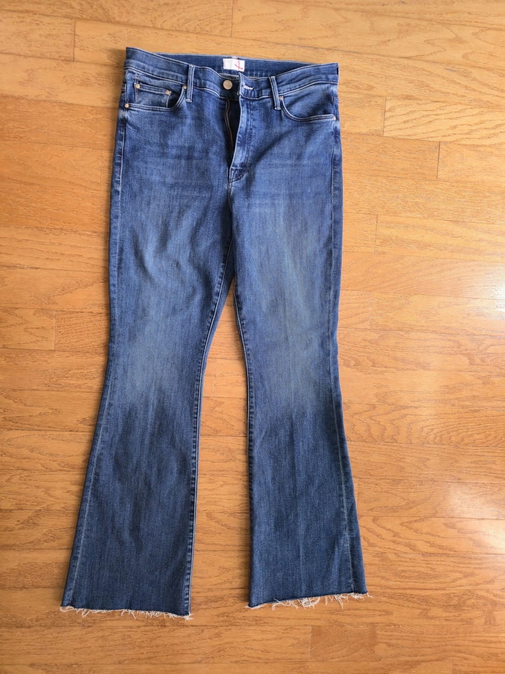 MOTHER The Weekend Fray Blue Denim Mid Rise Flare Jeans with Raw Hem